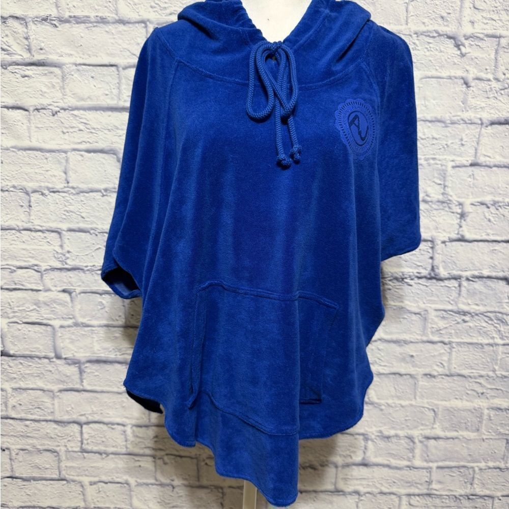 ARMANI JEANS Blue Misura Cape Sweater Terry Hooded V-Neck Drawstring Sz small